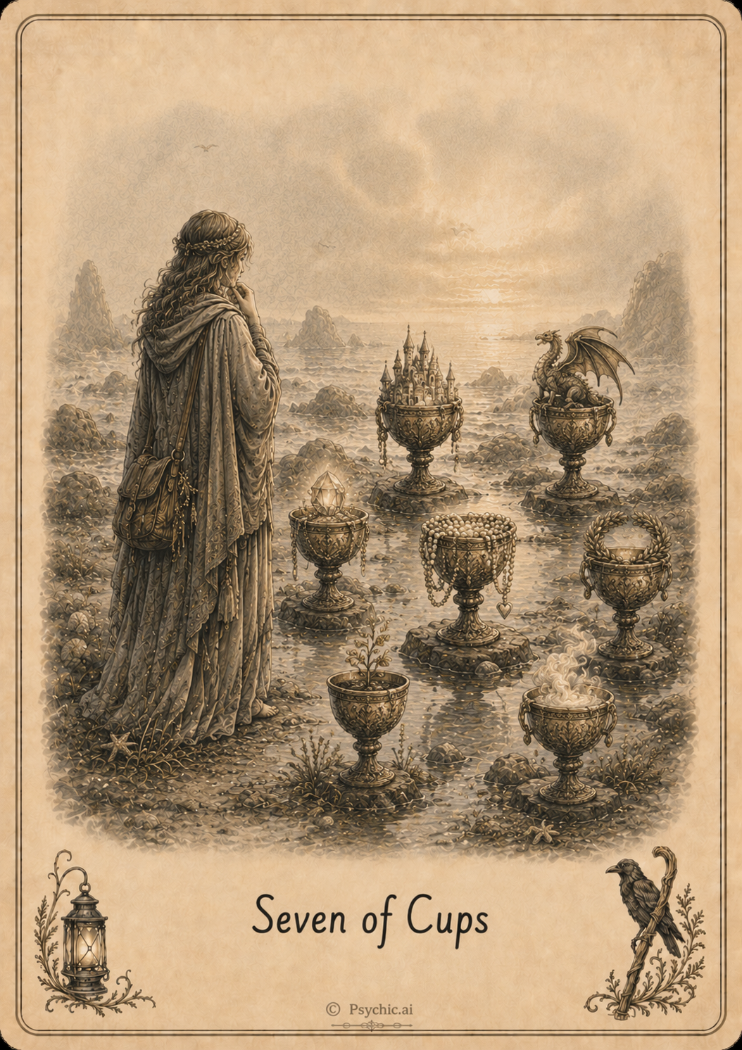 Seven of Cups tarot card illustration